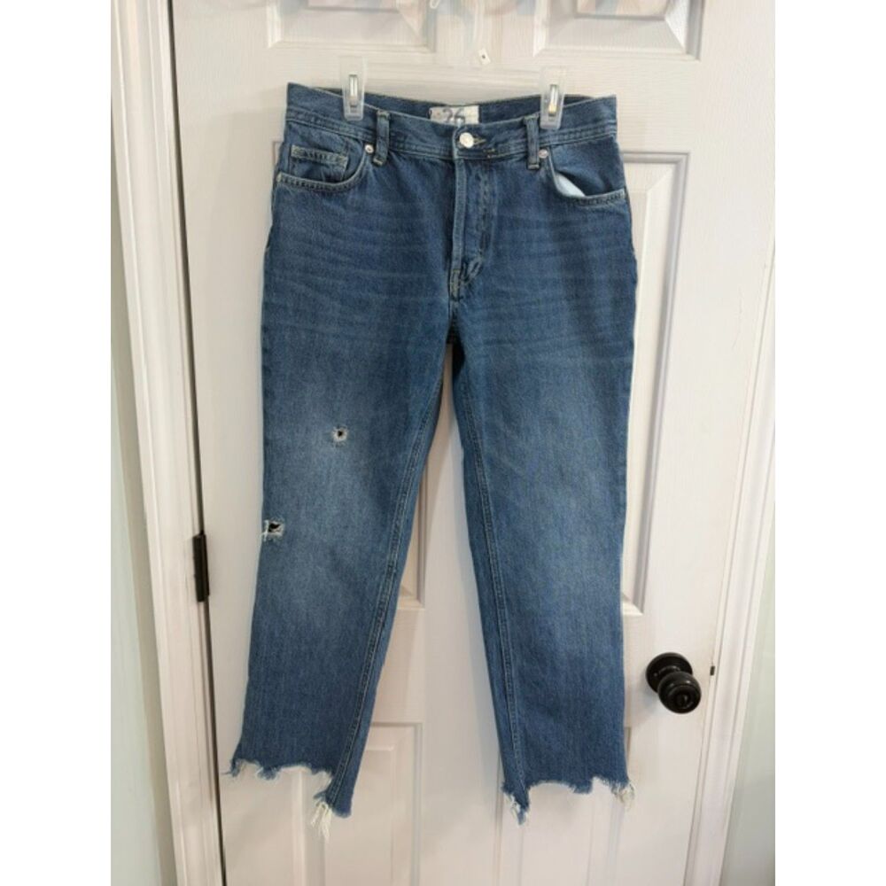 Free People We The Free Button Fly Distressed Cotton Straight Leg Jeans Size 26